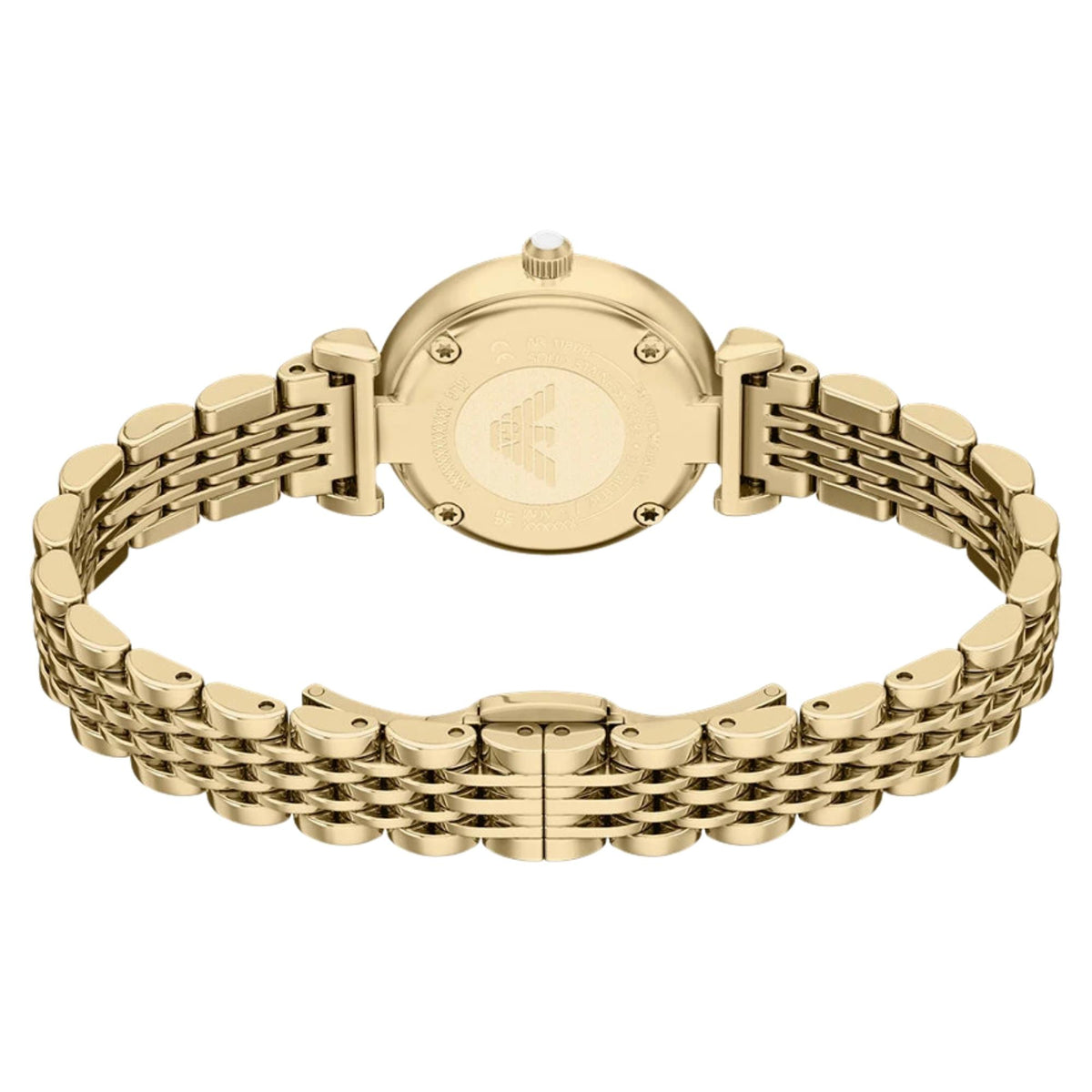Rear perspective of the Emporio Armani Gianni AR11806 watch featuring the engraved solid case back and multi-link gold-tone stainless steel bracelet with butterfly closure