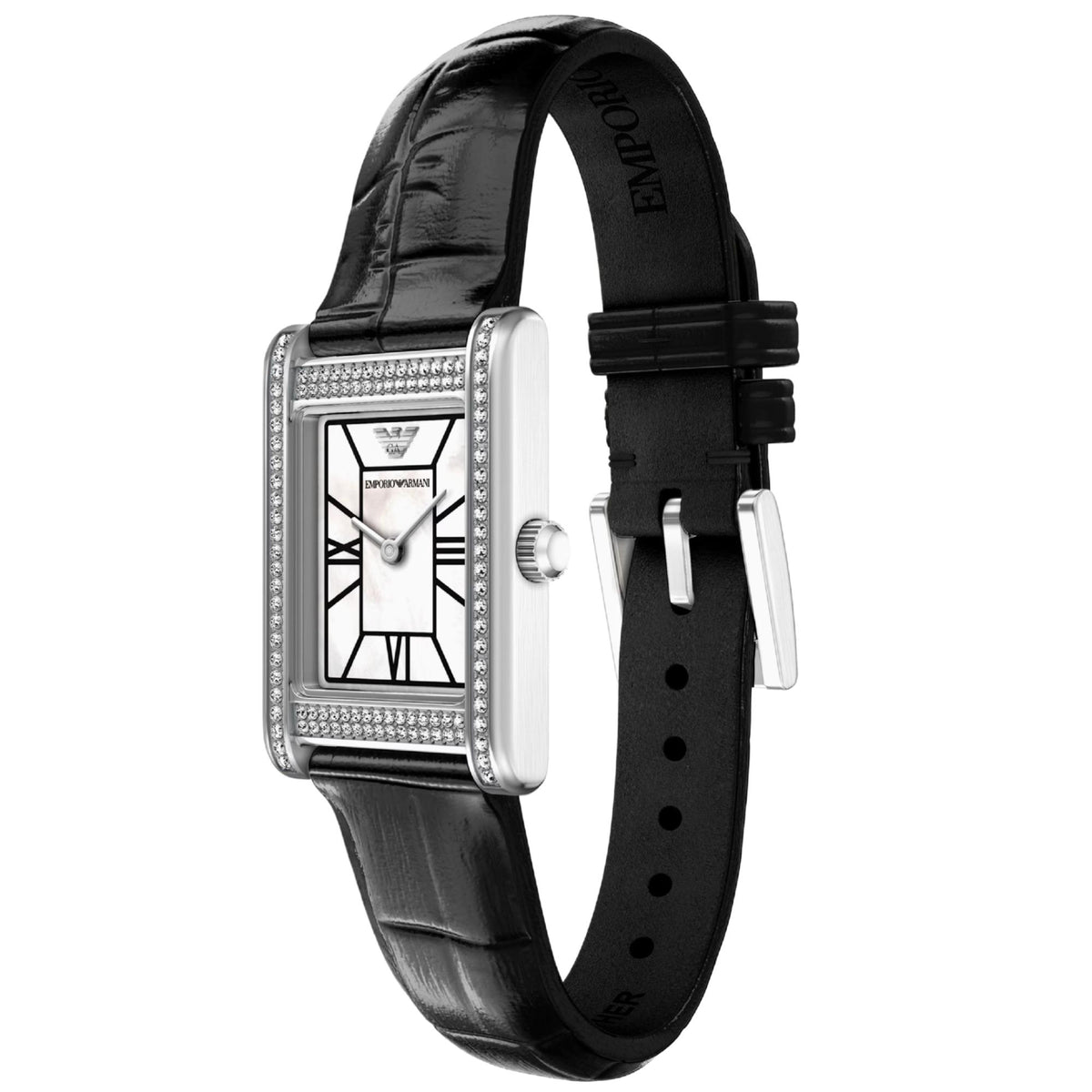 Angled perspective of the Emporio Armani Genni AR11803 watch showcasing the crystal-embellished bezel, mother of pearl dial, pin buckle, and black leather band