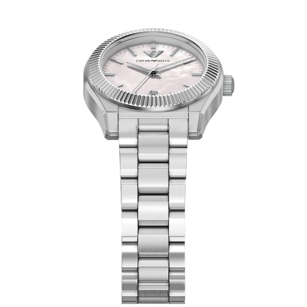 Overhead view of the Emporio Armani Federica AR11802 wrist watch showcasing the fluted silver bezel, mother of pearl dial display, date aperture, and polished metal band