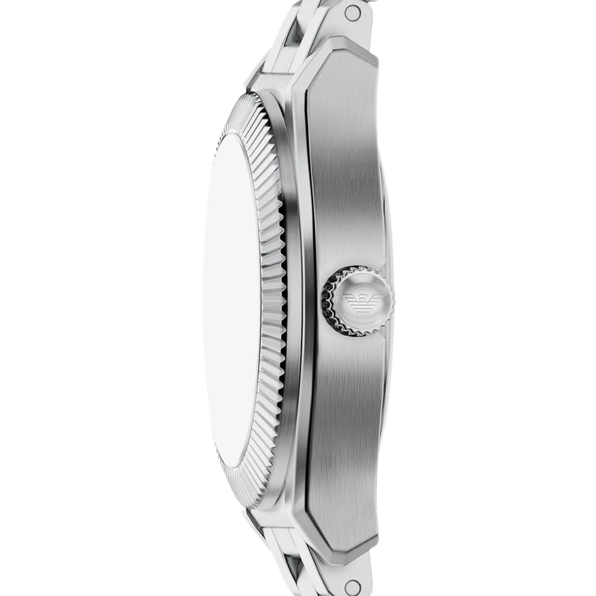 Side profile of the Emporio Armani Federica AR11802 watch showing the slim round silver-tone case, ridged bezel edge, and eagle logo engraved crown
