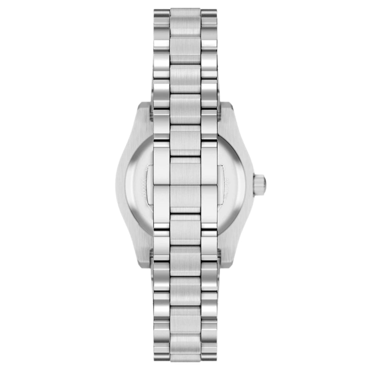 Back view of the Emporio Armani Federica AR11802 watch displaying the brushed and polished silver-tone link bracelet with integrated clasp closure
