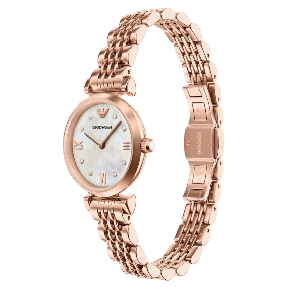 Angled perspective of the Emporio Armani Gianni AR11805 watch showcasing the polished rose gold case, stone-set mother of pearl dial face, and multi-row steel bracelet with deployment clasp