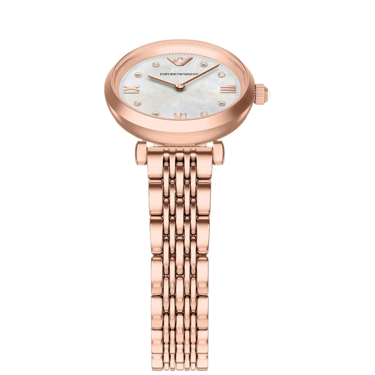 Overhead view of the Emporio Armani Gianni AR11805 wrist watch highlighting the mother of pearl dial display, rose gold Roman numeral markers, smooth bezel, and delicate metal bracelet