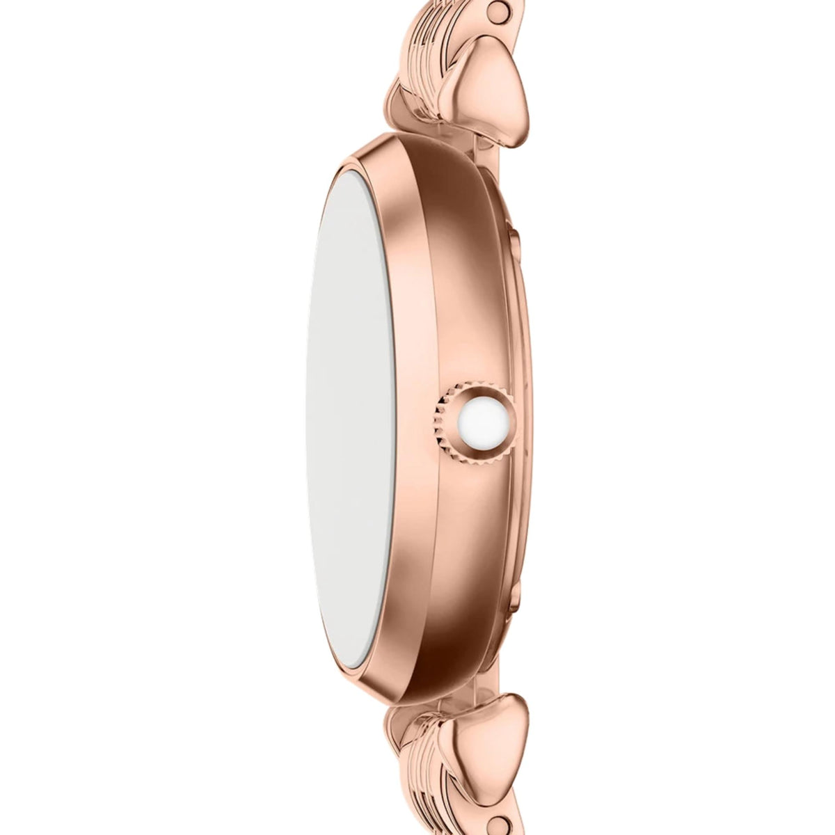 Side profile of the Emporio Armani Gianni AR11805 watch showing the slim round rose gold-tone case, cabochon-style crown, and flexible multi-link bracelet attachment