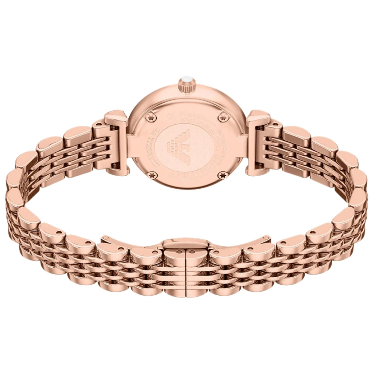 Rear perspective of the Emporio Armani Gianni AR11805 watch featuring the rose gold-tone case back with eagle logo engraving and open multi-row metallic bracelet with hidden clasp