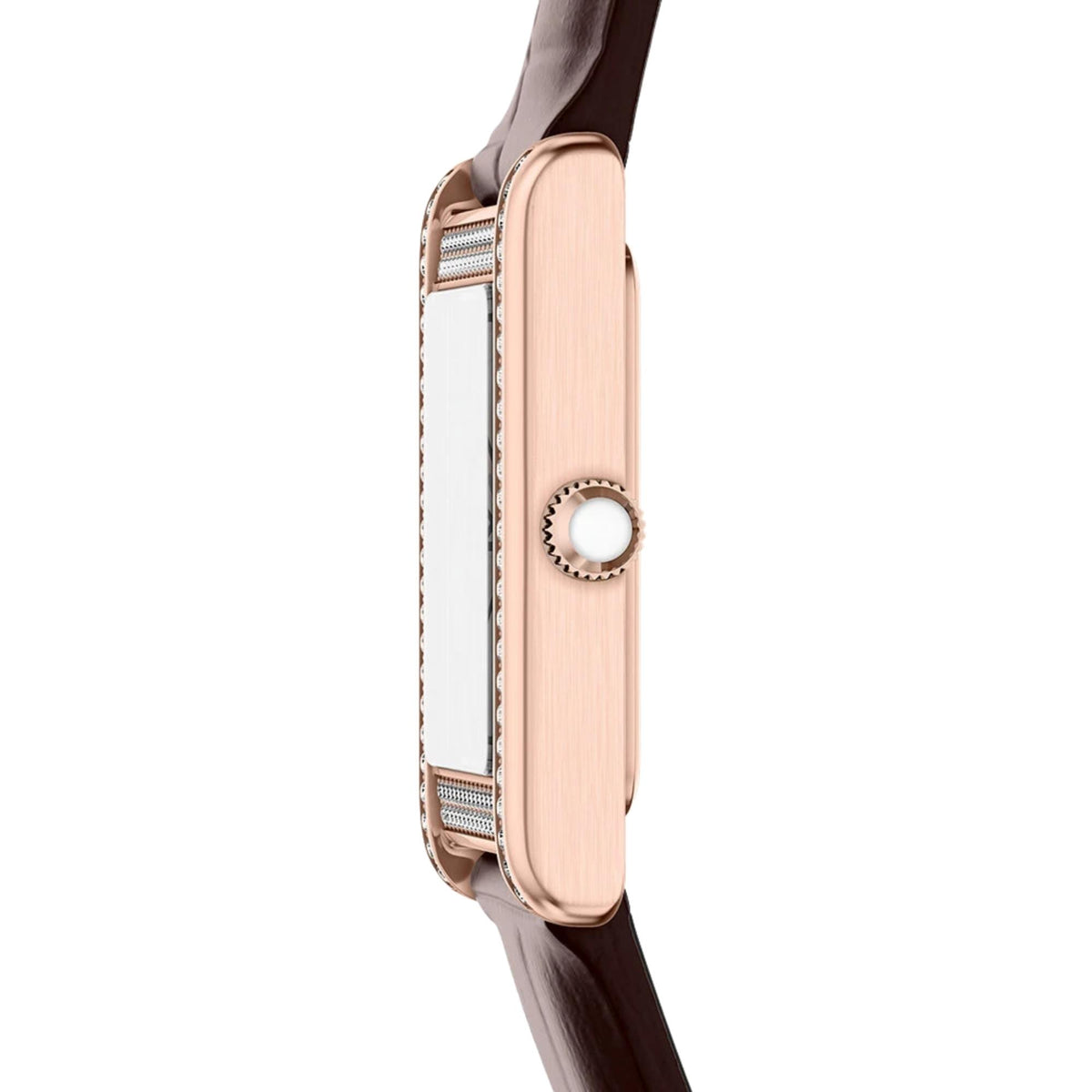 Side profile of the Emporio Armani Genni AR11804 watch displaying the slender rose gold-tone rectangular case, ridged crown with white cabochon insert, and textured leather band