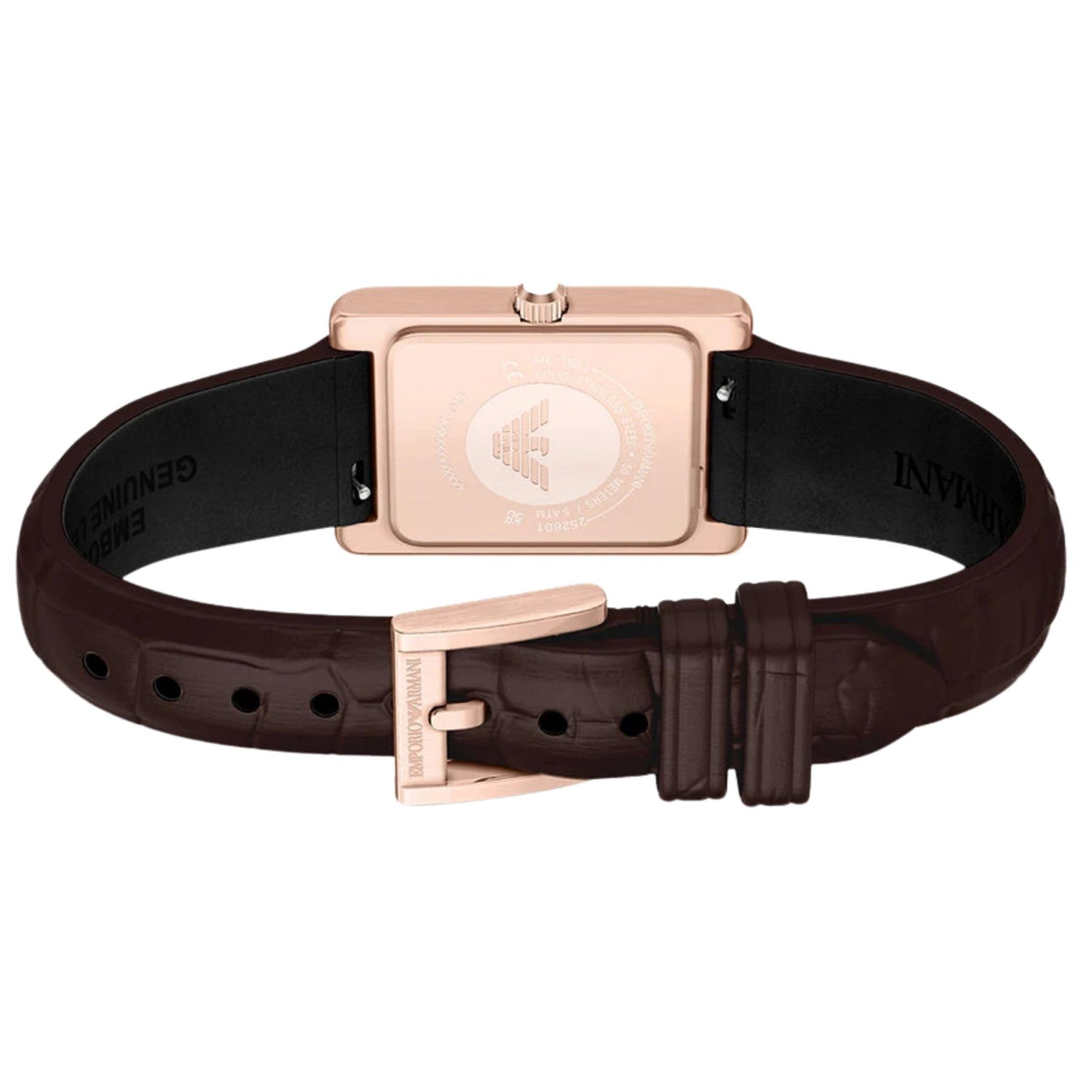 Rear view of the Emporio Armani Genni AR11804 watch featuring the solid rose gold-tone back case with eagle logo etching and open brown leather strap with rose gold pin buckle