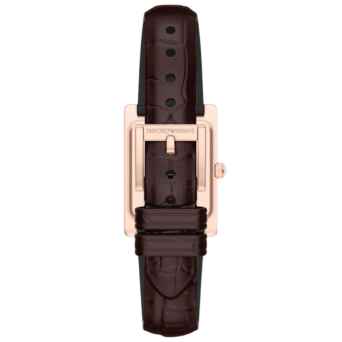 Back perspective of the Emporio Armani Genni AR11804 watch showcasing the brown leather strap, secure keepers, and engraved rose gold-tone buckle fastening