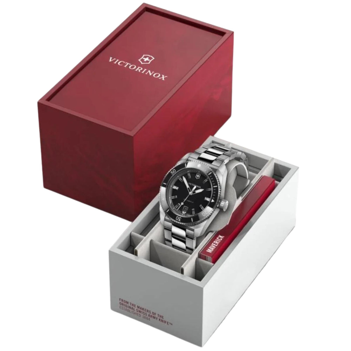 Victorinox Maverick 242105 39mm watch packaging presentation set showing red logo cover and open display box with pocket knife holder