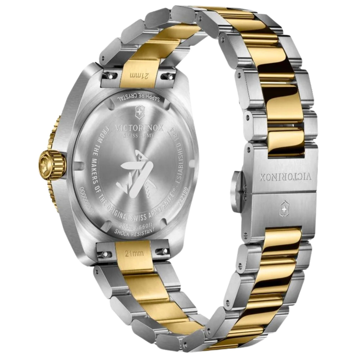 Victorinox Maverick 242100 watch rear perspective displaying engraved solid steel case back, Swiss Army knife logo, and branded clasp
