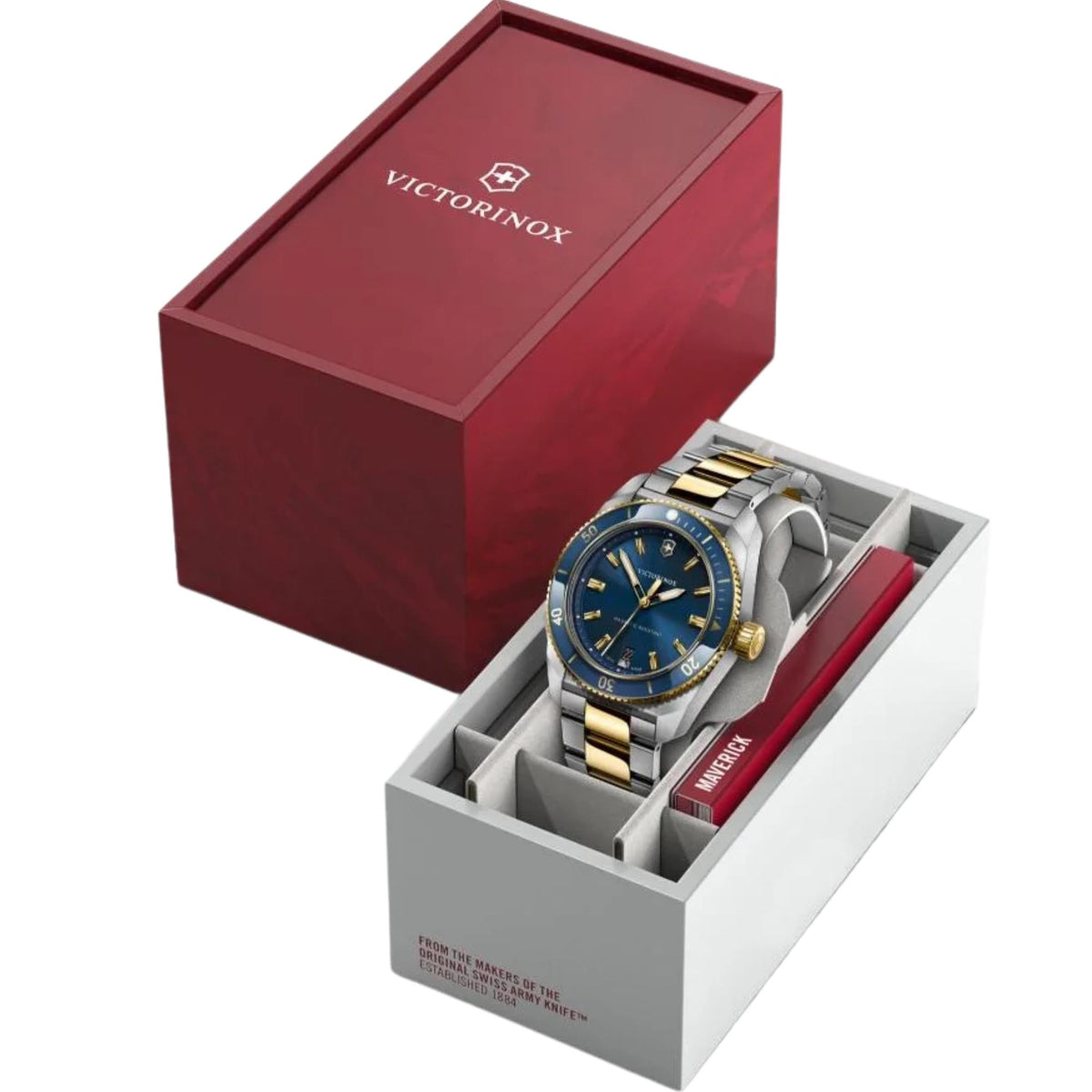 Victorinox Maverick 242100 39mm watch packaging presentation set showing red logo cover and open display box with pocket knife holder