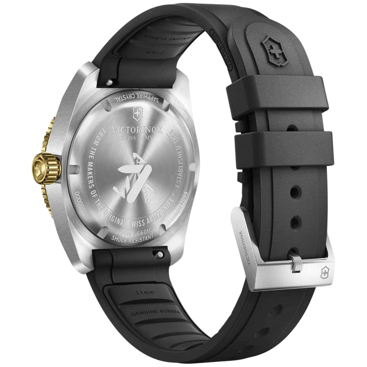 Victorinox Maverick 242099 mens watch back view showing engraved stainless steel caseback, Swiss Army Knife logo, and buckle clasp