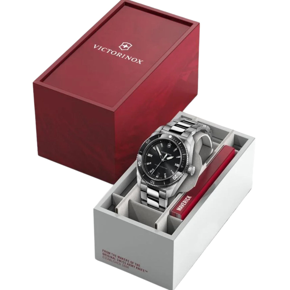 Victorinox Maverick 242097 39mm mens watch presented inside an official packaging box with a red branded lid and a black dial display
