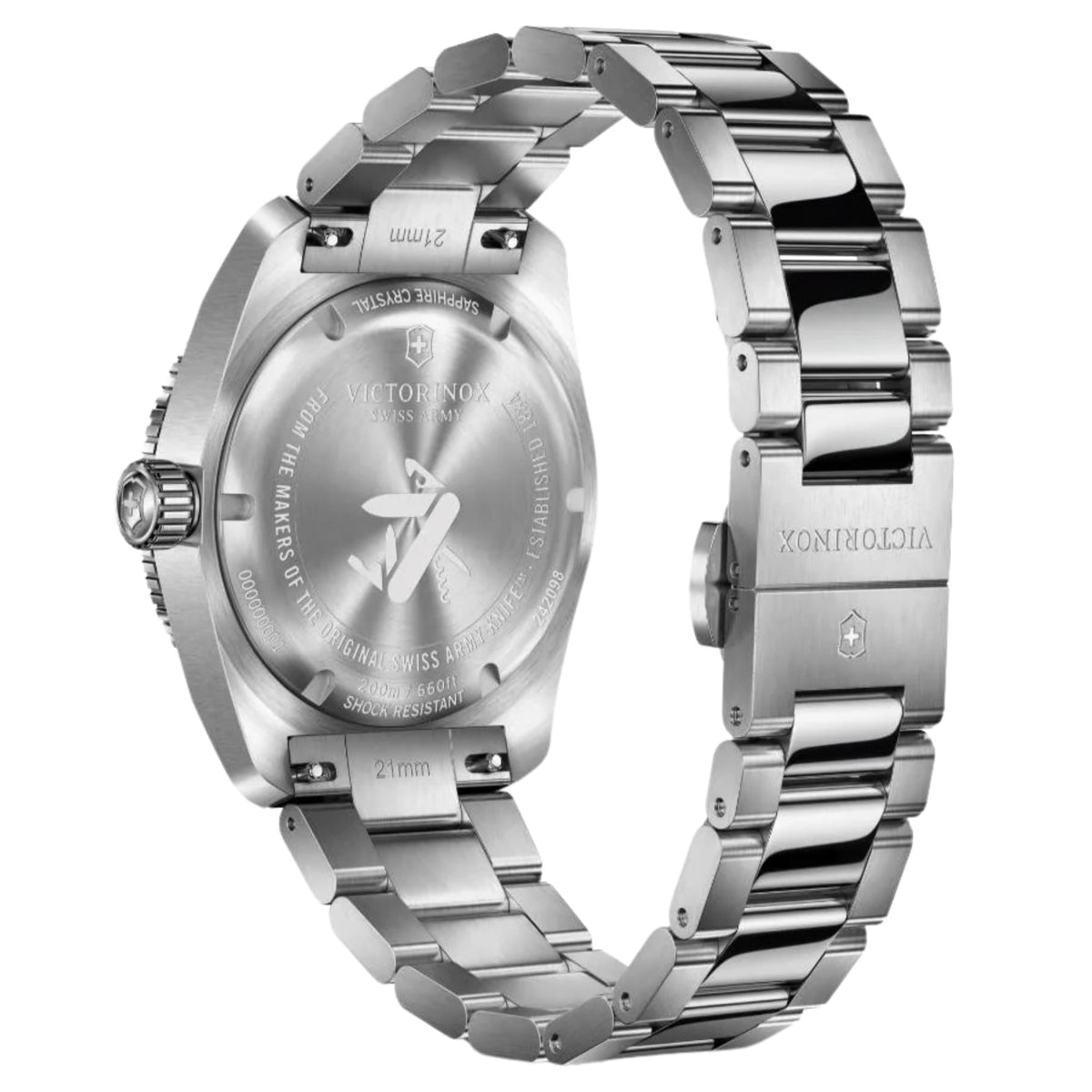 Victorinox Maverick 242098 mens watch back view showing engraved stainless steel caseback, Swiss Army insignia, and link metal bracelet
