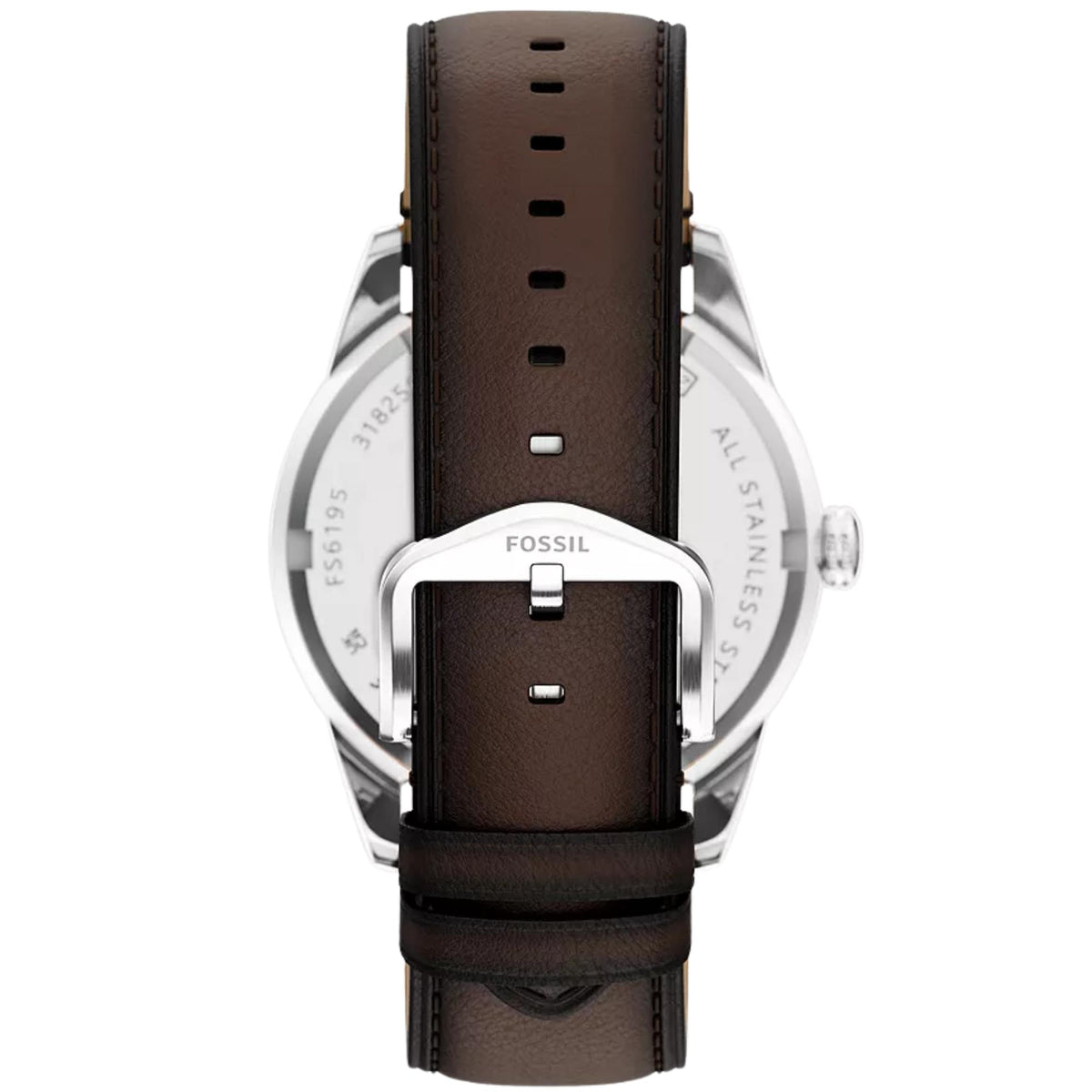 Rear view of the Fossil Pearson FS6195 mens watch displaying the dark brown leather strap with silver-tone buckle closure