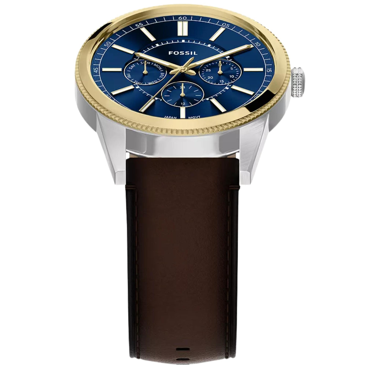Top-angled view of the Fossil Pearson FS6195 watch showing the blue dial layout with gold accents and brown leather band