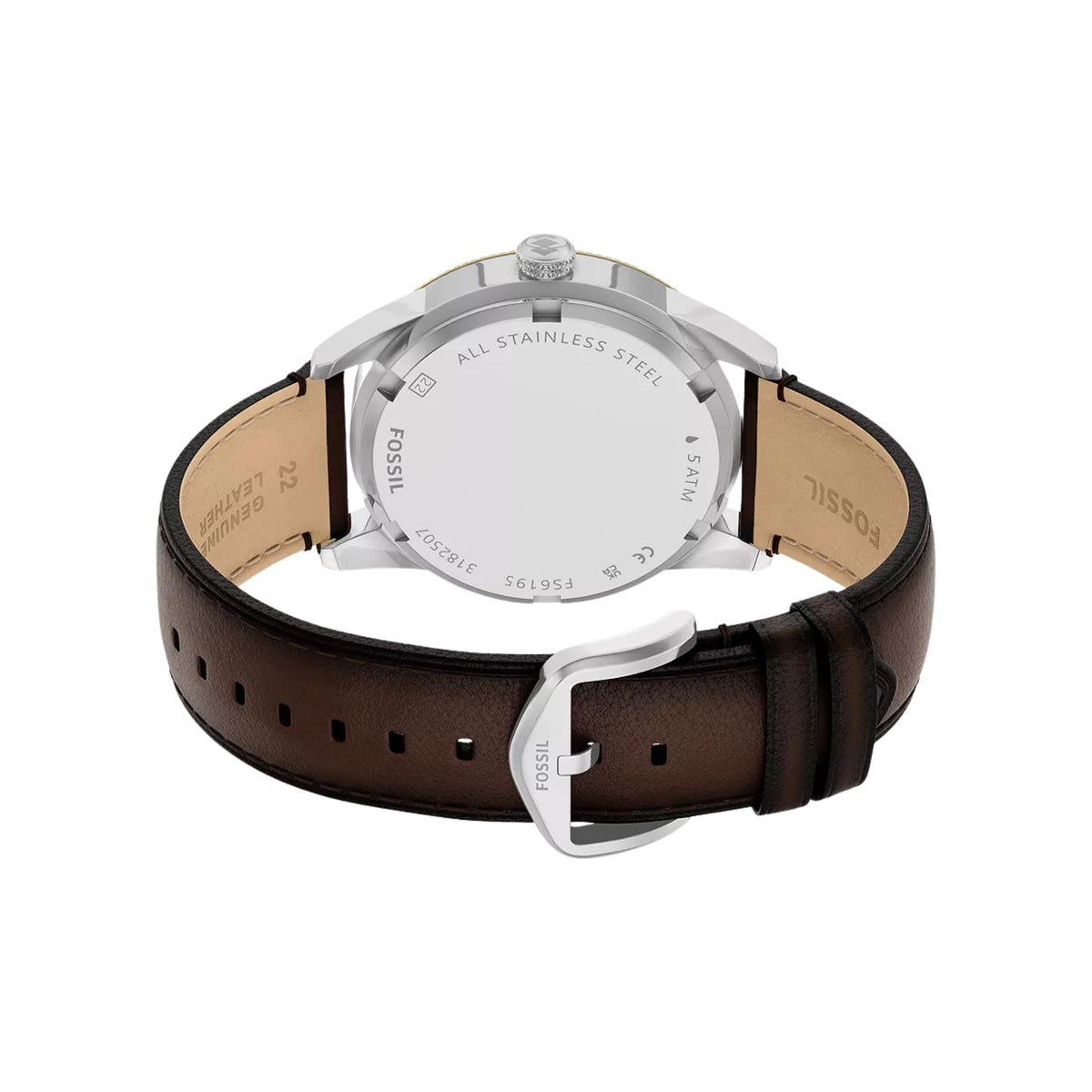 Caseback perspective of the Fossil Pearson FS6195 timepiece displaying the engraved stainless steel backplate and tan strap lining