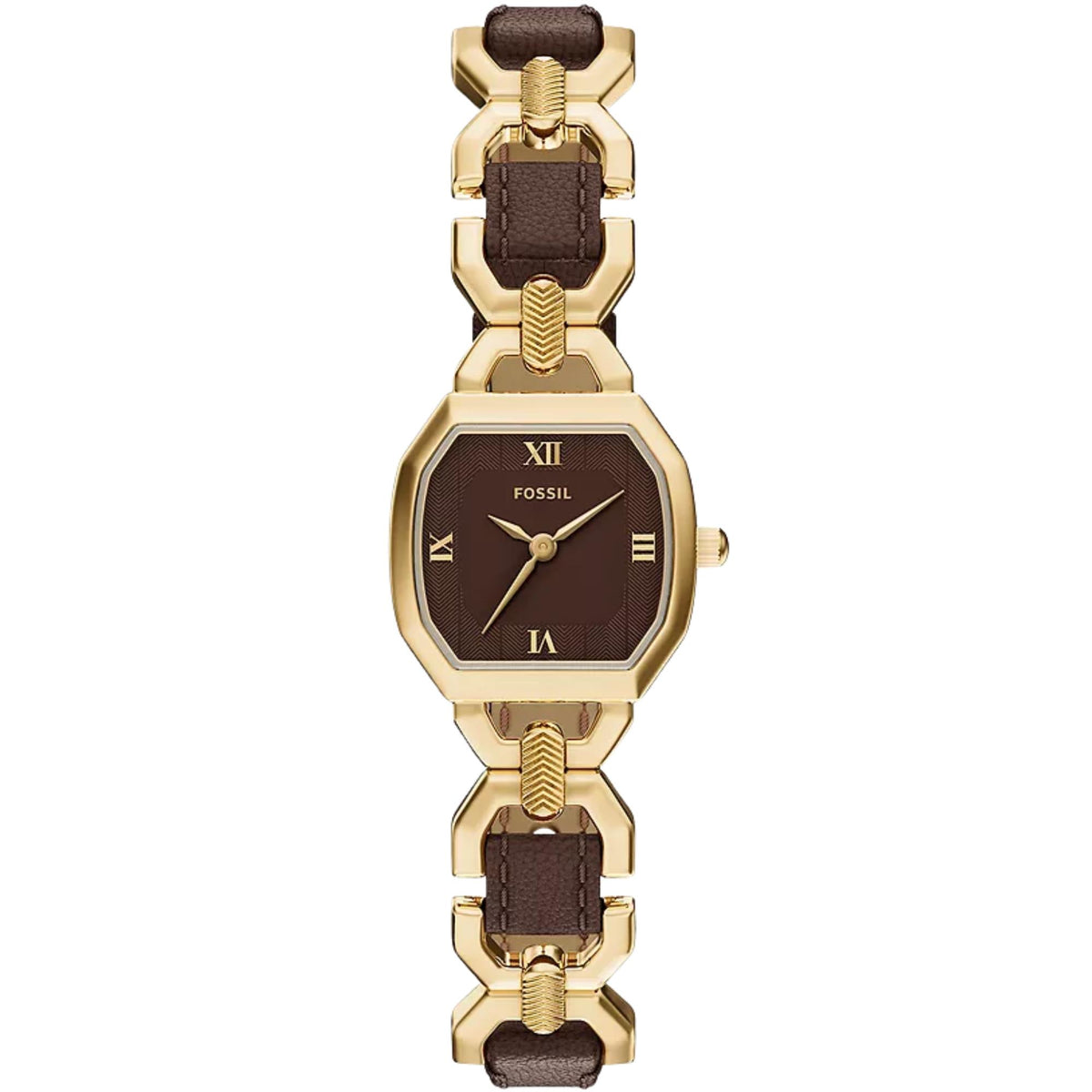 Fossil Harlow ES5497 22mm ladies quartz watch front view displaying gold-tone octagonal case, brown dial, Roman numerals, and chain-link leather strap