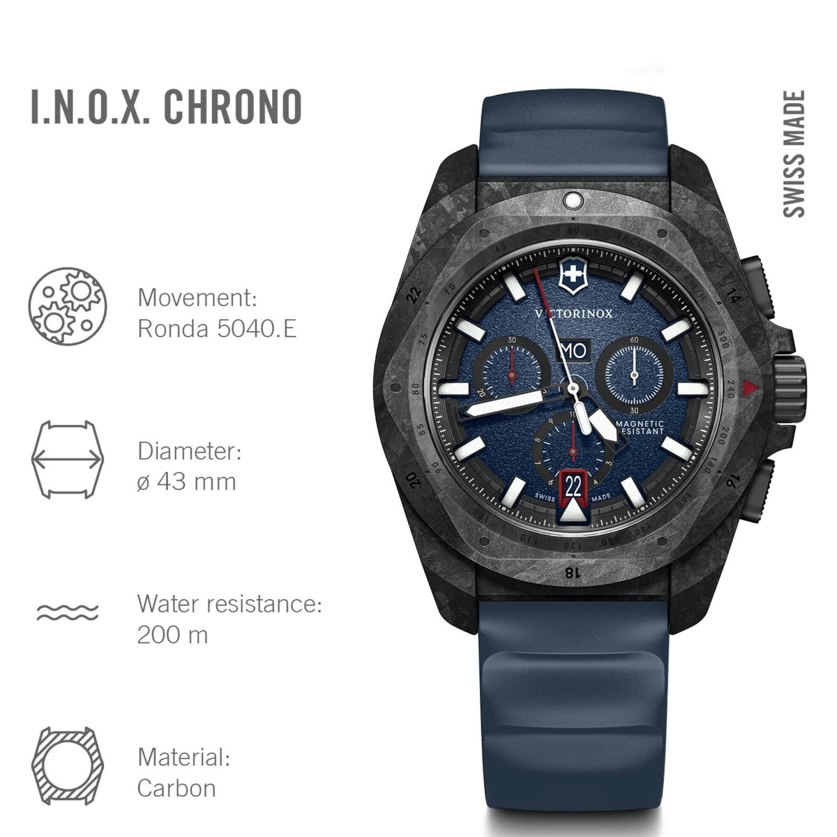 Victorinox I.N.O.X. 43mm Chronograph Blue Dial Rubber Mens Quartz Watch 242082