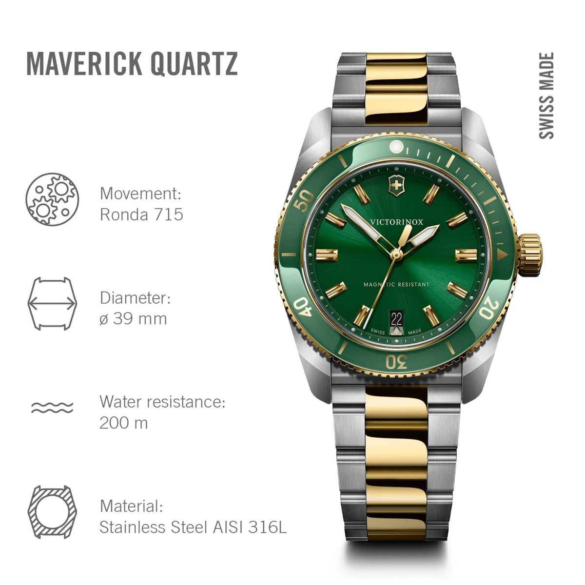Victorinox Maverick 39mm Green Dial Steel Mens Quartz Watch 242101
