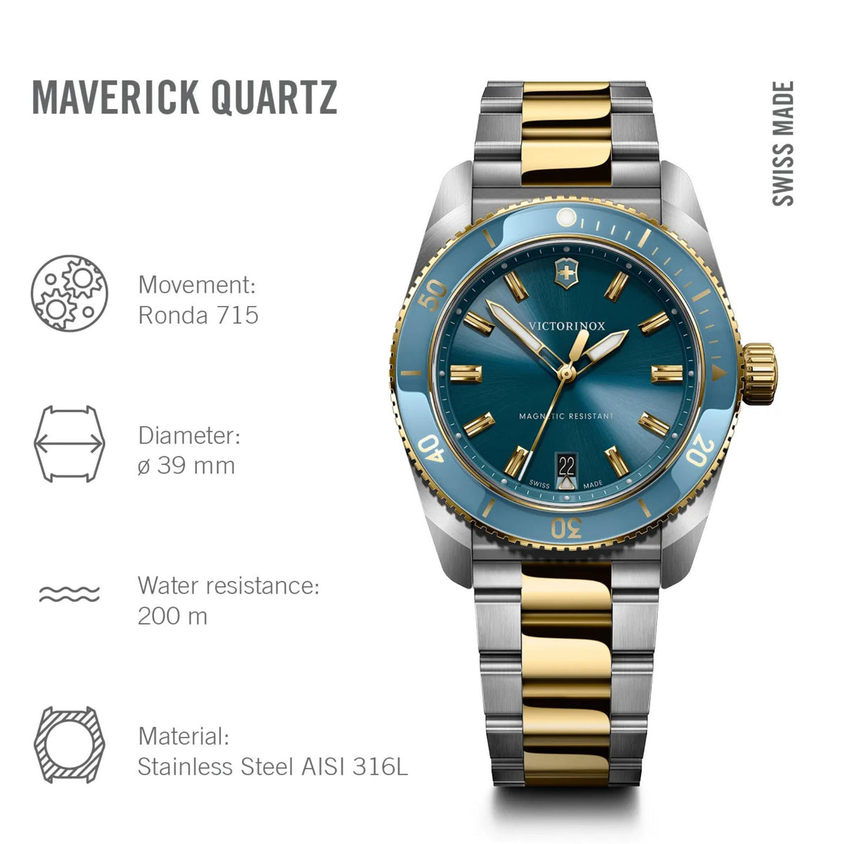 Victorinox Maverick 39mm Blue Dial Steel Mens Quartz Watch 242103