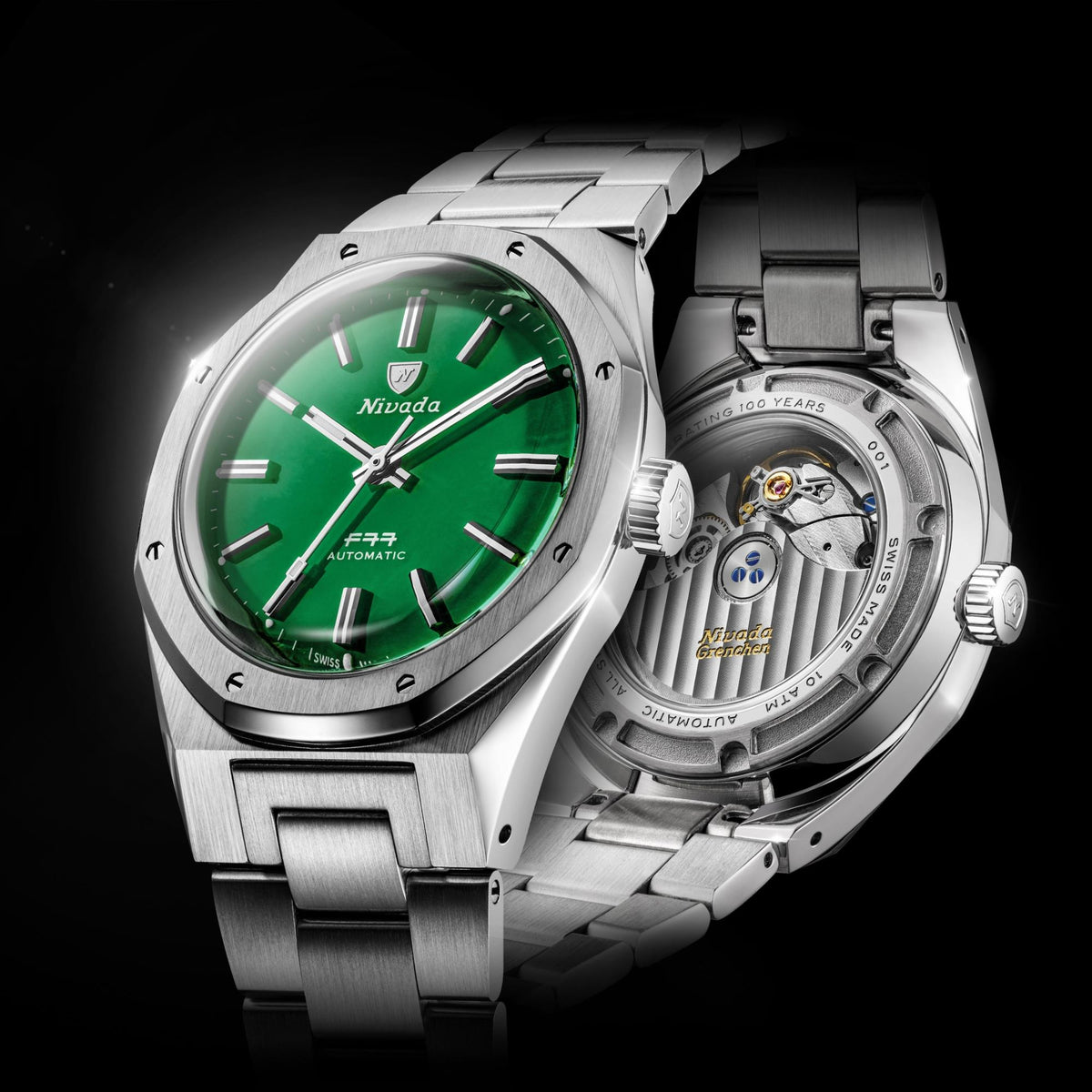 Nivada Grenchen F77 MK2 100 Years Edition 38mm Jade Dial Steel Mens Automatic Watch 68055A77