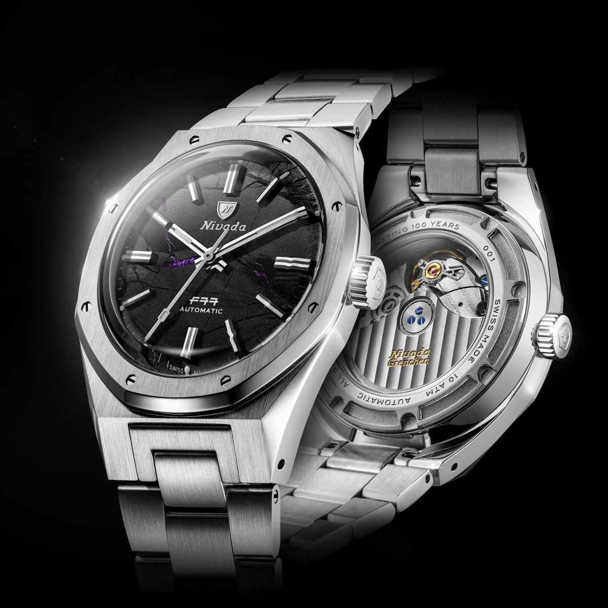 Nivada Grenchen F77 MK2 100 Years Edition 38mm Shungite Black Dial Steel Mens Automatic Watch 68058A77