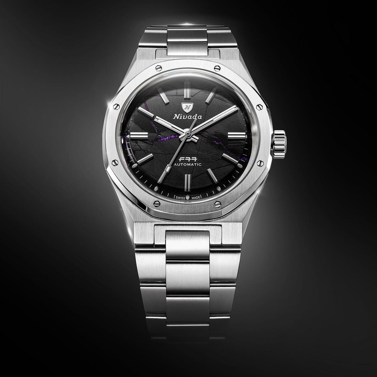 Nivada Grenchen F77 MK2 100 Years Edition 38mm Shungite Black Dial Steel Mens Automatic Watch 68058A77