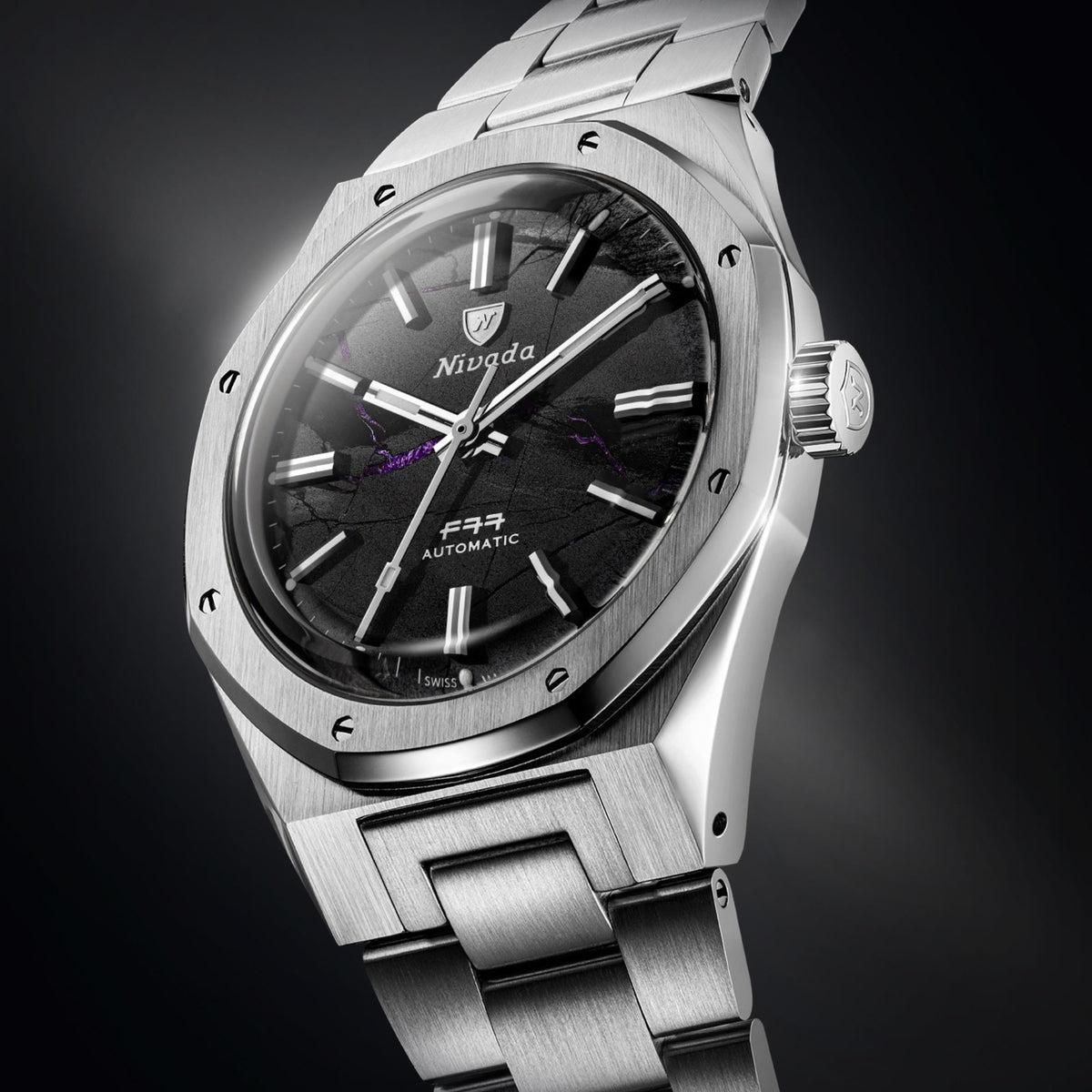 Nivada Grenchen F77 MK2 100 Years Edition 38mm Shungite Black Dial Steel Mens Automatic Watch 68058A77