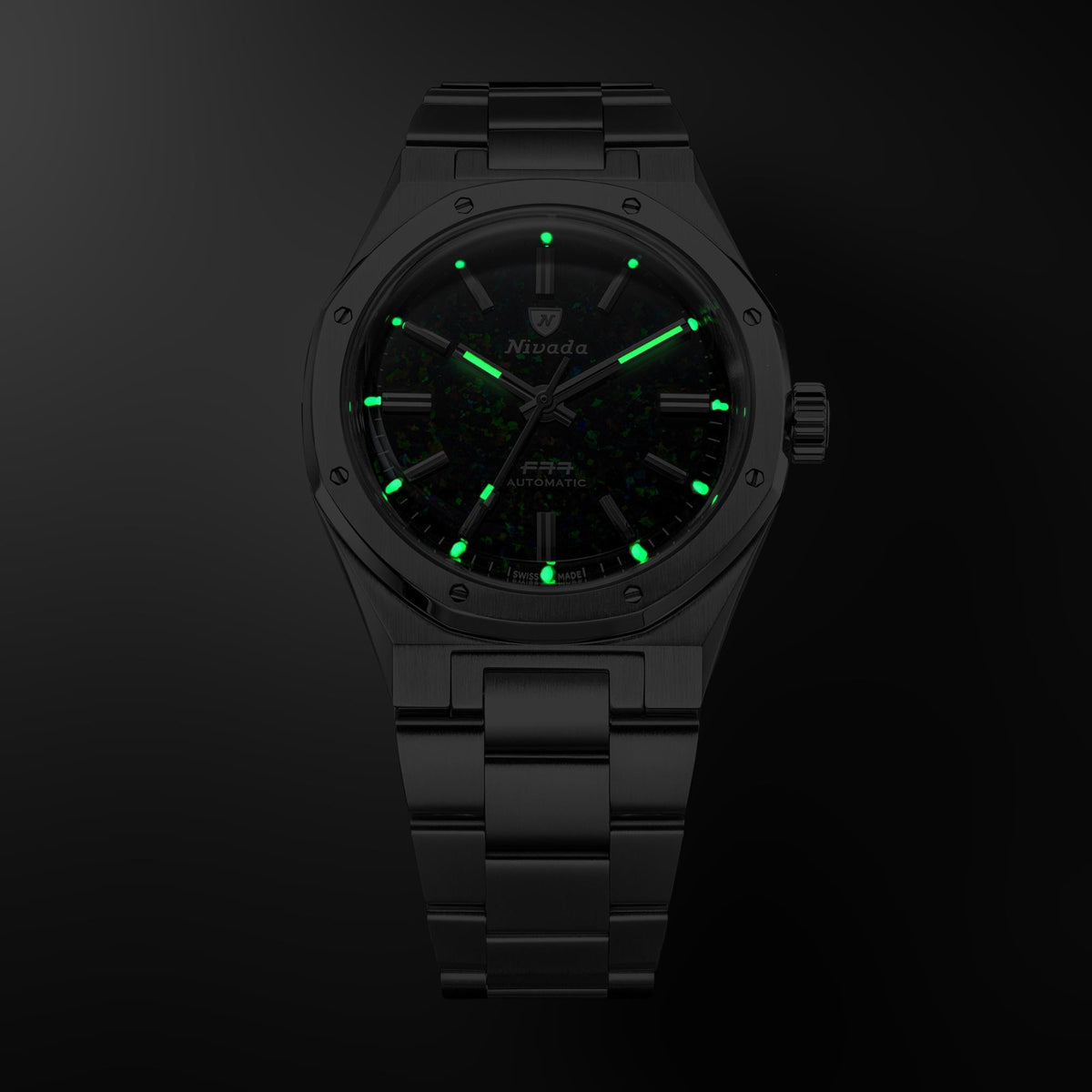 Nivada Grenchen F77 MK2 100 Years Edition 38mm Black Opal Dial Steel Mens Automatic Watch 68062A77