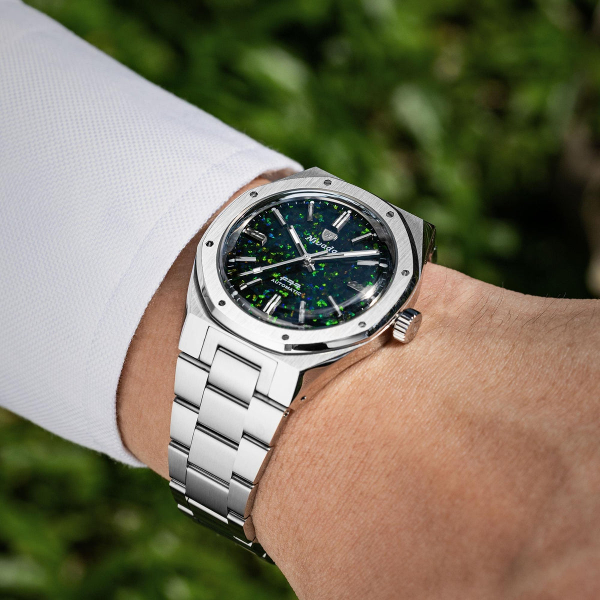 Nivada Grenchen F77 MK2 100 Years Edition 38mm Black Opal Dial Steel Mens Automatic Watch 68062A77
