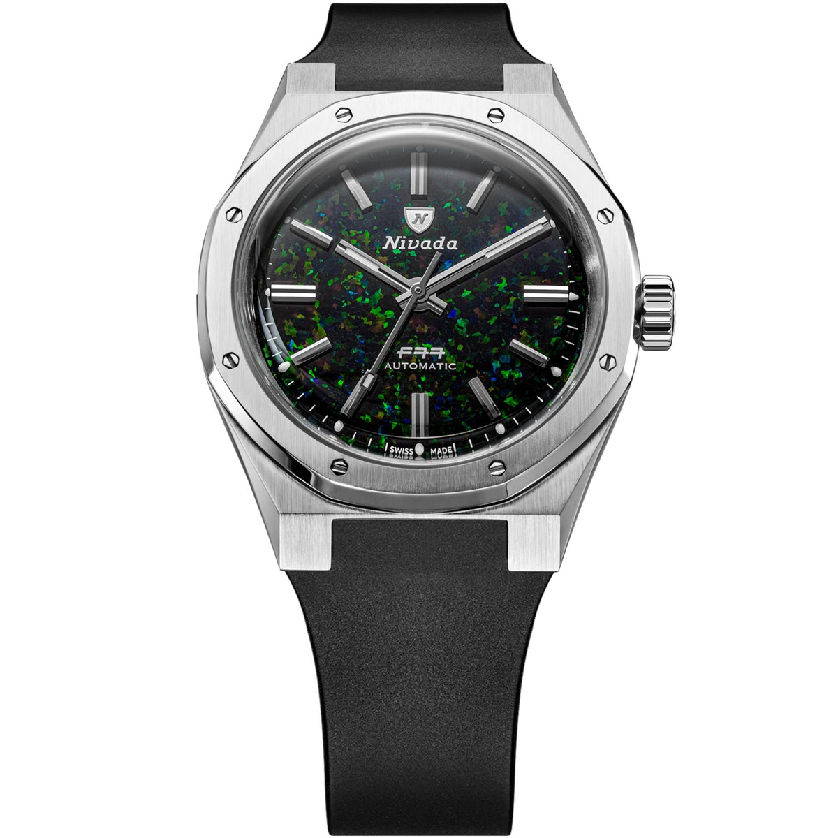Nivada Grenchen F77 MK2 100 Years Edition 38mm Black Opal Dial Rubber Mens Automatic Watch 68062A77-DR