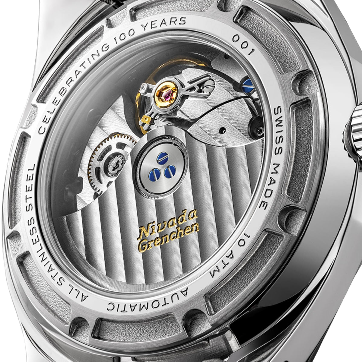 Nivada Grenchen F77 MK2 100 Years Edition 38mm Black Opal Dial Rubber Mens Automatic Watch 68062A77-DR