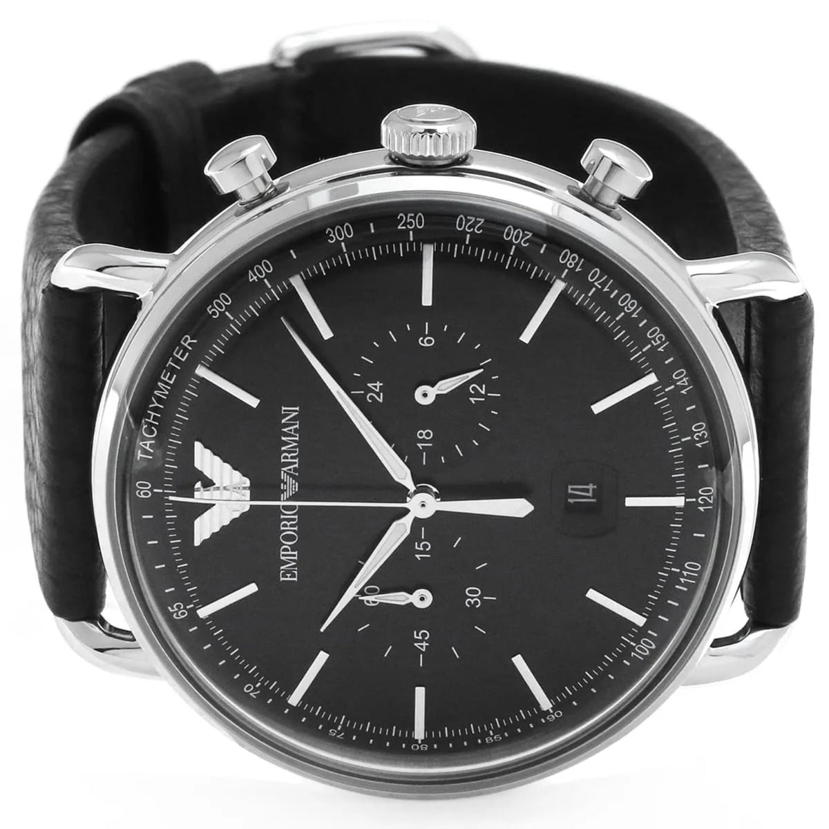 Emporio Armani Aviator 43mm Chronograph Black Dial Leather Mens Quartz Watch AR11143