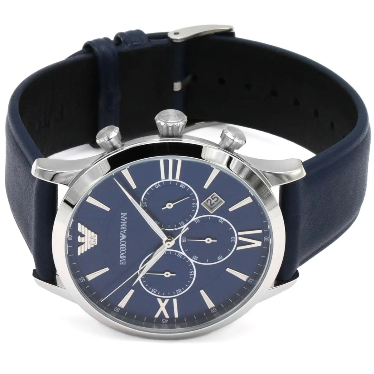 Emporio Armani Giovanni 43mm Chronograph Blue Dial Leather Mens Quartz Watch AR11226