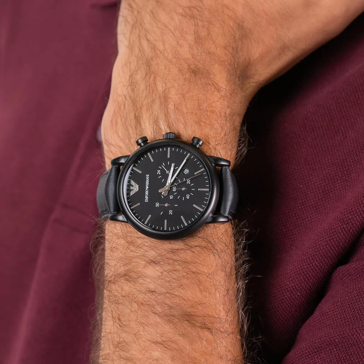 Emporio Armani Luigi 46mm Chronograph Black Dial Leather Mens Quartz Watch AR1970