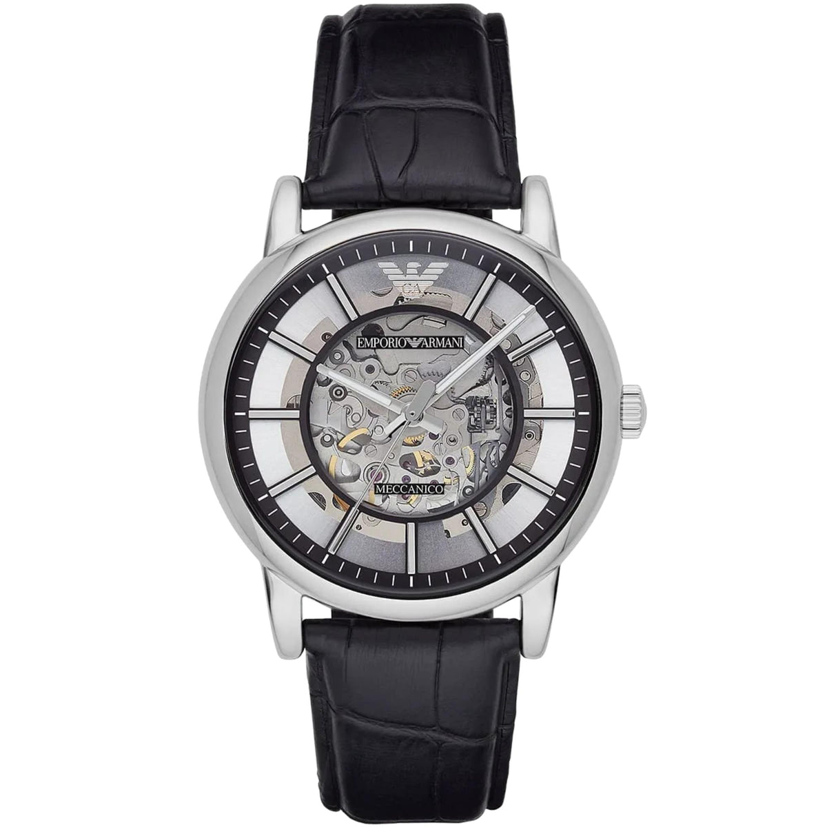Emporio Armani Meccanico 43mm Silver Dial Leather Mens Automatic Watch AR1981