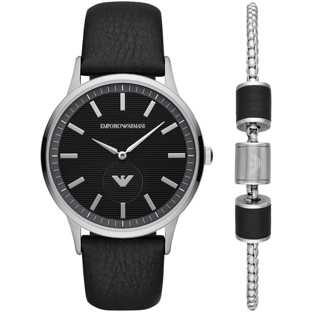 Emporio Armani Renato AR80039 front view showing black dial watch alongside matching bracelet accessory