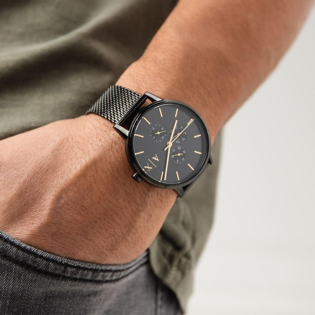 Armani Exchange Cayde 42mm Multifunction Black Dial Steel Mens Quartz Watch AX2716