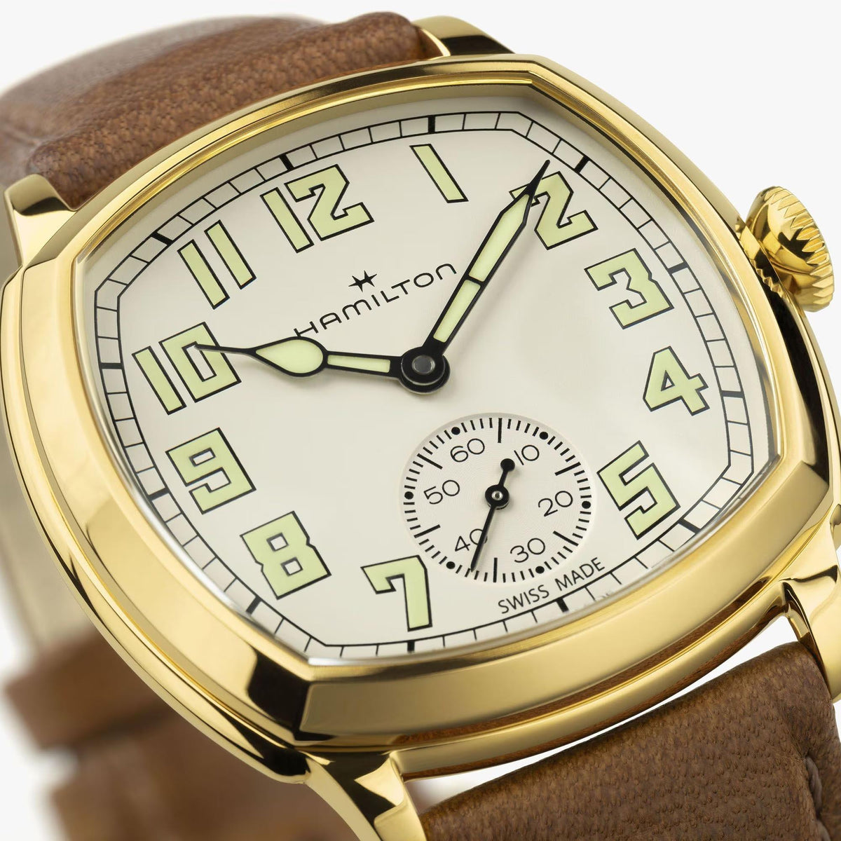 Hamilton American Classic Cushion Mechanical 34mm Beige Dial Yellow Gold-Tone Steel Leather Mens Manual-Wind Watch H36139520