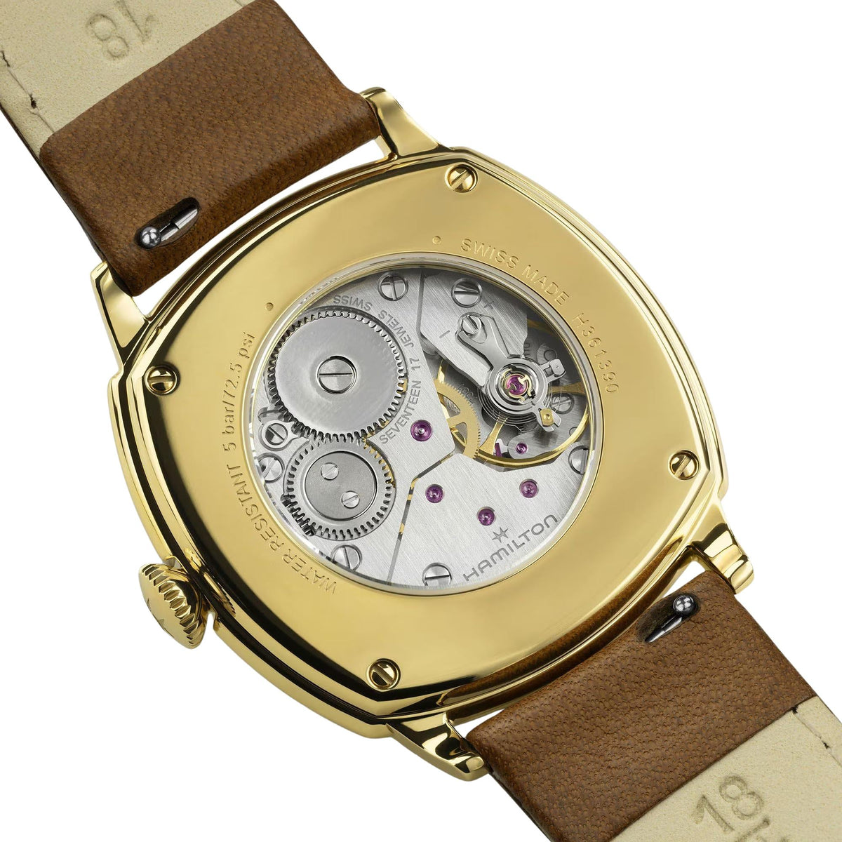 Hamilton American Classic Cushion Mechanical 34mm Beige Dial Yellow Gold-Tone Steel Leather Mens Manual-Wind Watch H36139520