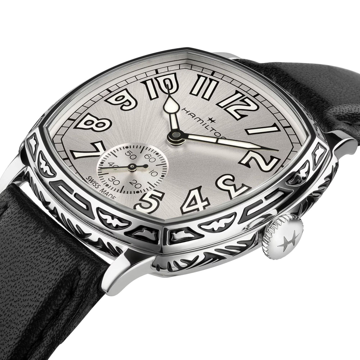 Hamilton American Classic Cushion Mechanical 34mm Silver Dial Leather Mens Manual-Wind Watch H36149710