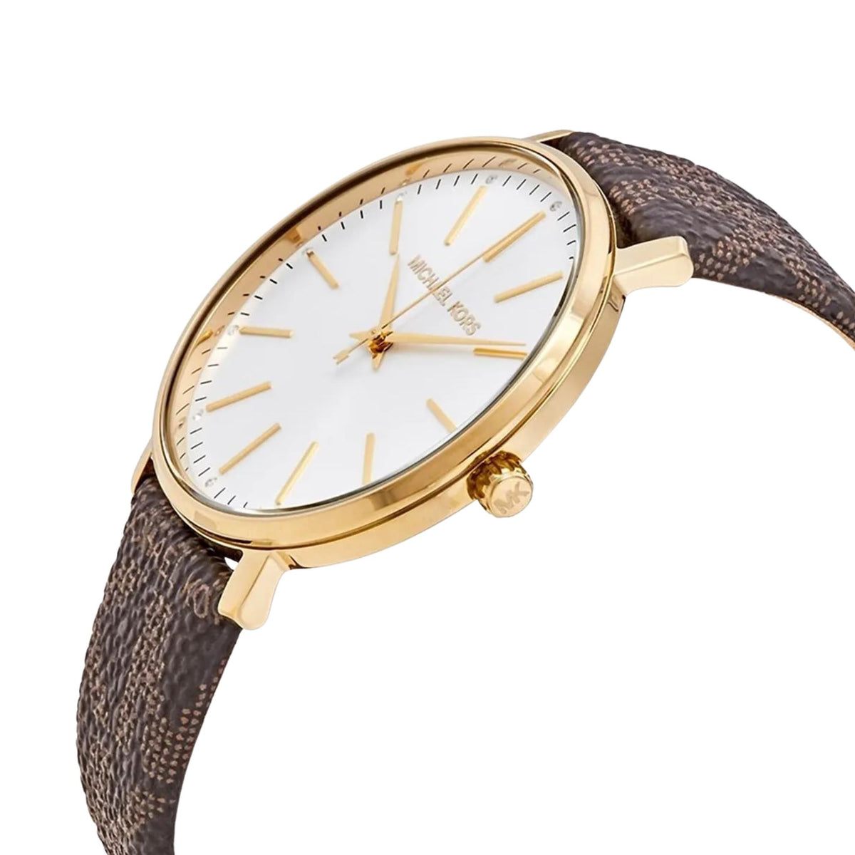 Michael Kors Pyper 38mm Silver Dial Yellow Gold-Tone Steel Leather Ladies Quartz Watch MK2857