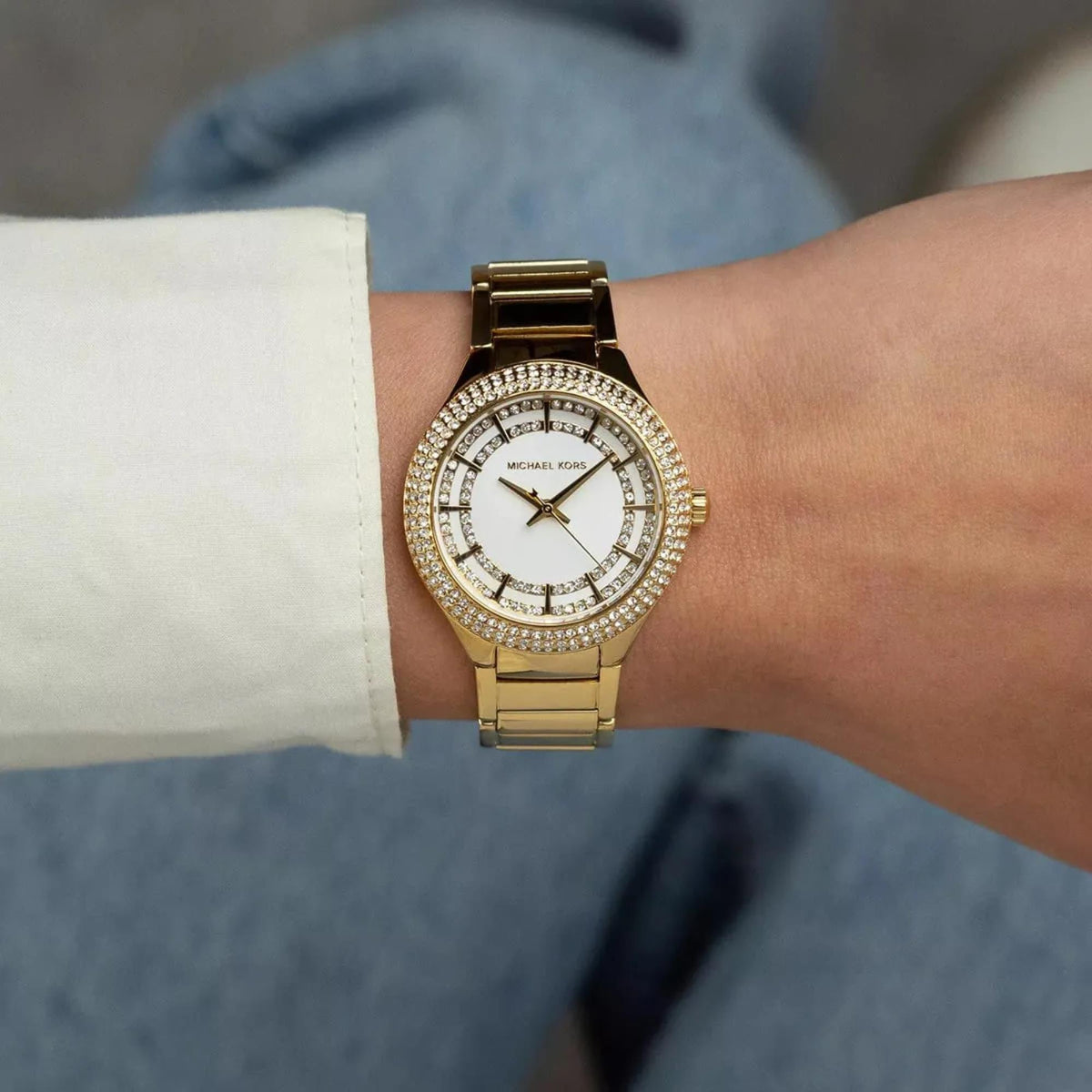 Michael Kors Mini Sylvia Pavé 33mm Silver Dial Yellow Gold-Tone Steel Ladies Quartz Watch MK4941