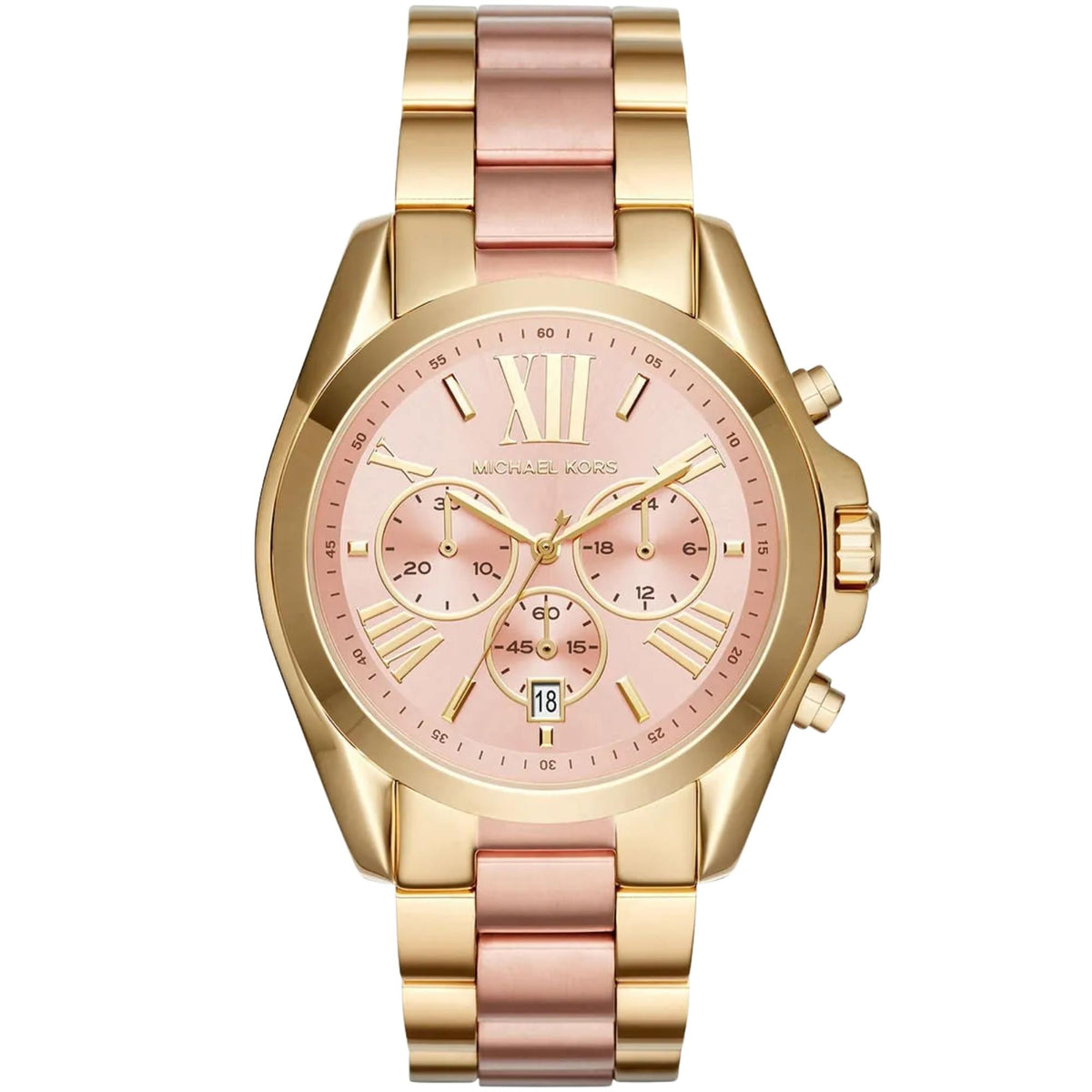 Michael Kors Bradshaw 43mm Chronograph Rose Gold Dial Yellow Gold-Tone Steel Ladies Quartz Watch MK6359