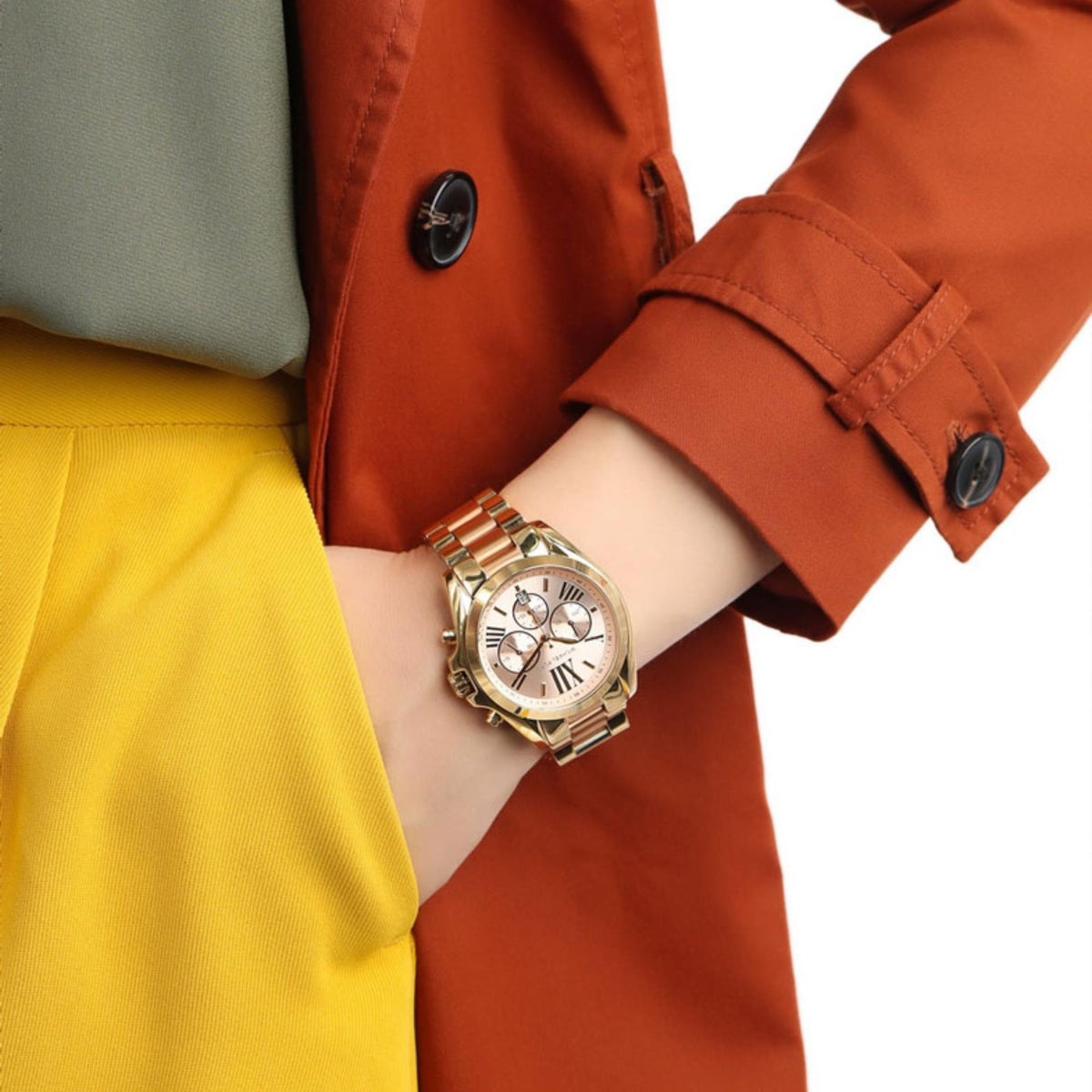 Michael Kors Bradshaw 43mm Chronograph Rose Gold Dial Yellow Gold-Tone Steel Ladies Quartz Watch MK6359