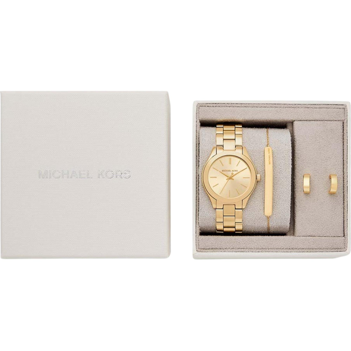 Michael Kors Slim Runway 32mm Gold Dial Yellow Gold-Tone Steel Ladies Quartz Watch Gift Set MK7561SET