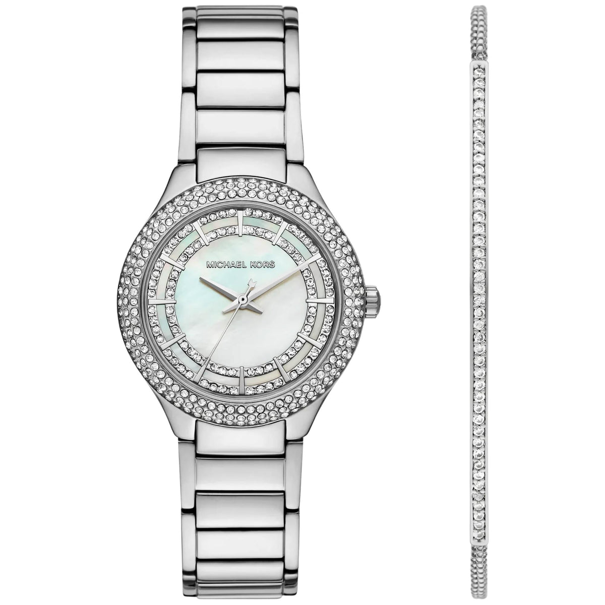 Michael Kors Mini Sylvia Pavé 33mm Mother of Pearl Dial Steel Ladies Quartz Watch and Bracelet Gift Set MKO9019SET