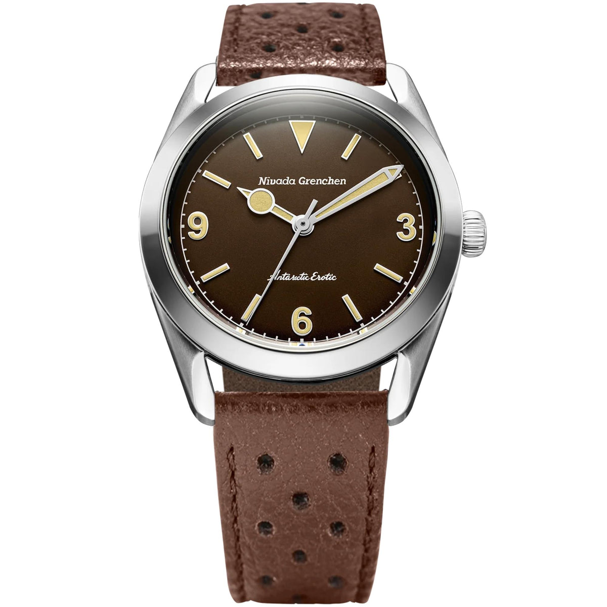 Nivada Grenchen Antarctic Erotic 38mm Brown Dial Leather Mens Manual-Wind Watch 320693M23