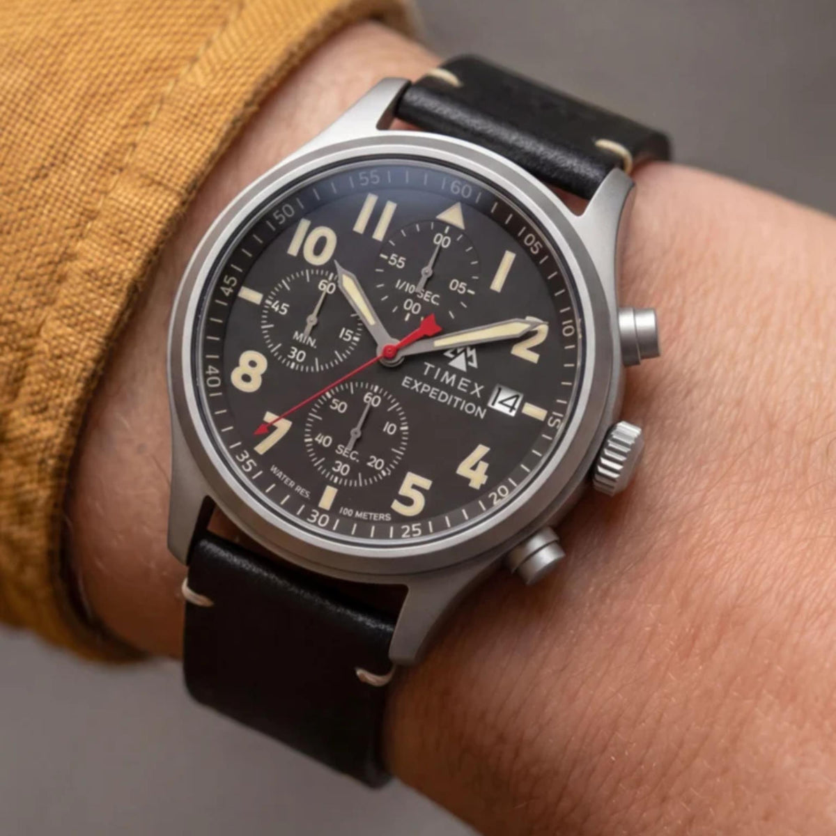 Timex Expedition Sierra 43mm Chronograph Black Dial Leather Mens Quartz Watch TW2Y89200